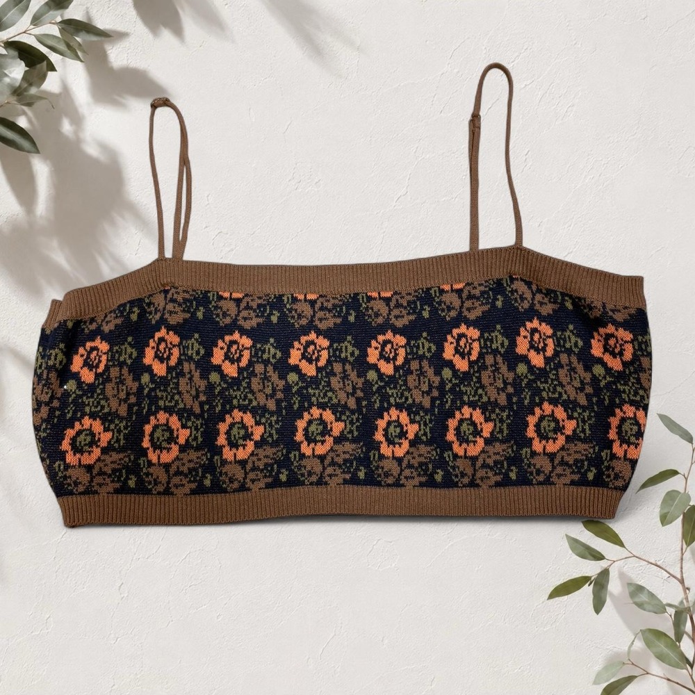Free People Intimately Floral Knit Crop Top Brown Orange Boho Retro Camisole XL